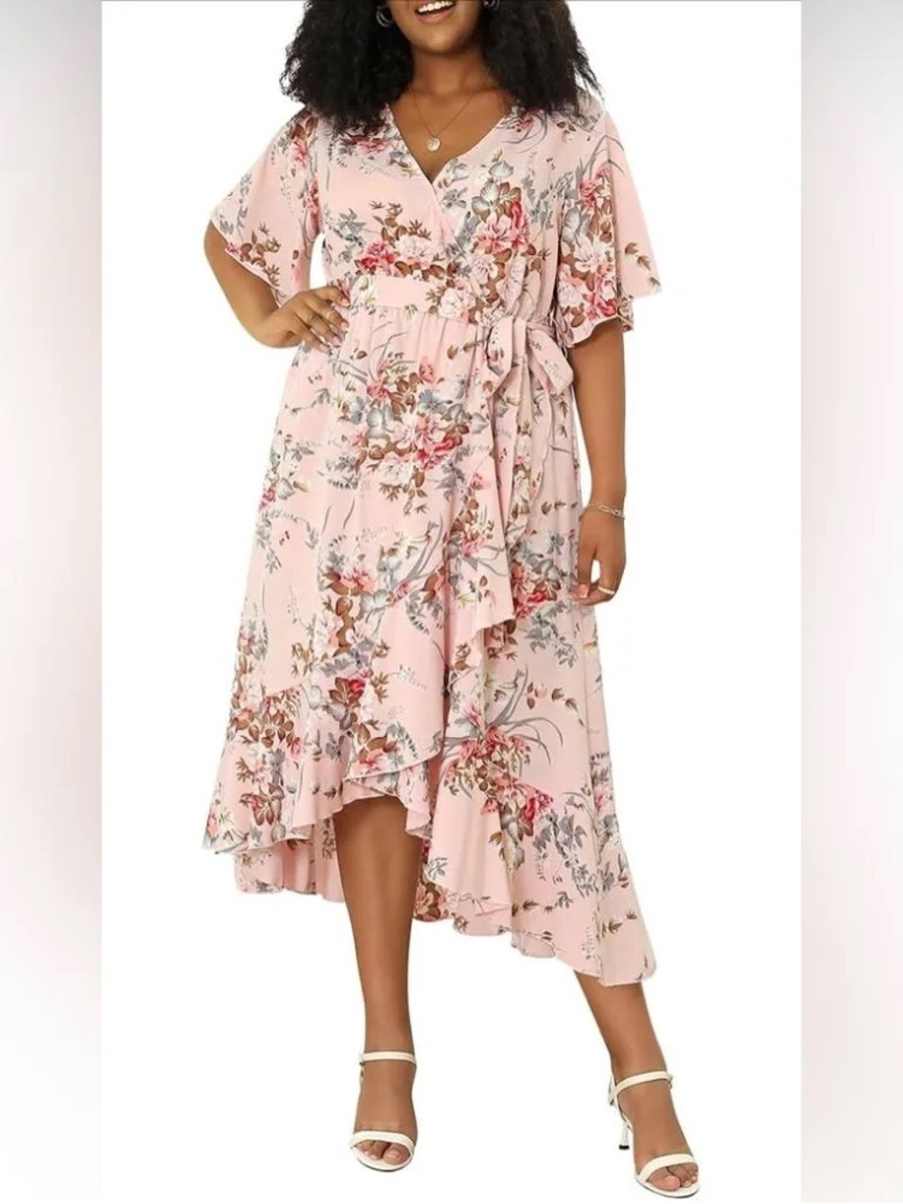 Keluummi Pink Floral Tie-Waist Midi Dress with pockets
